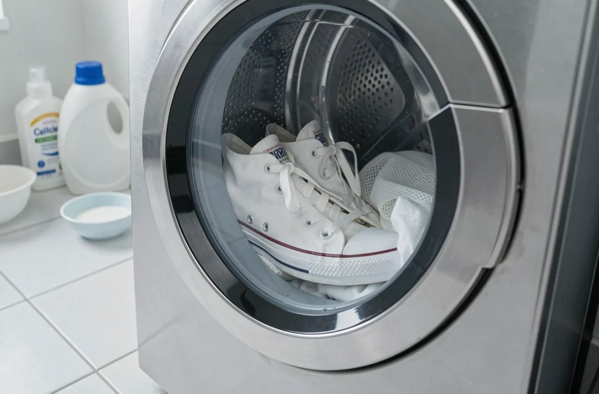 Baskets Converse blanches placées dans un tambour de machine à laver avec un filet de lavage, prêtes pour un lavage délicat