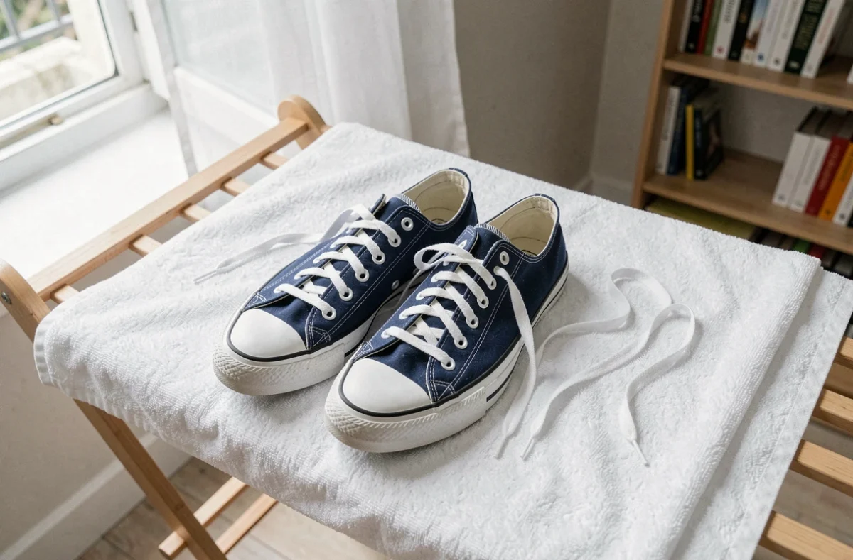 Converse bleu marine propres après lavage en machine, séchant sur une serviette blanche avec les lacets retirés pour éviter la déformation