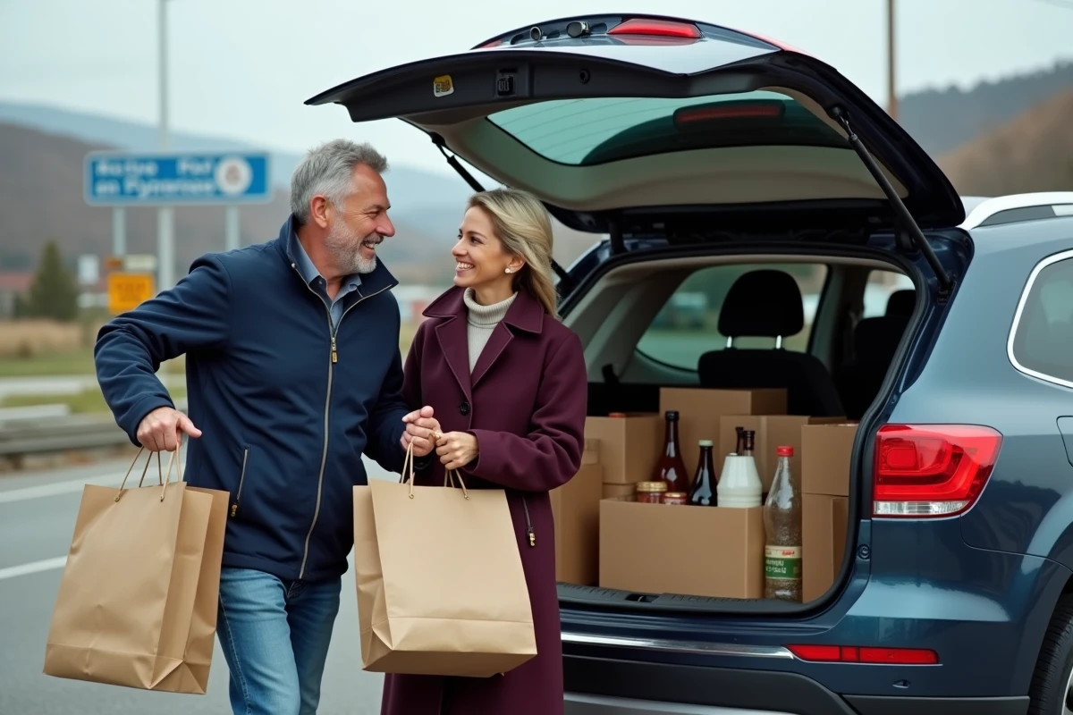 Couple chargeant des achats dans le coffre de leur voiture après une visite au magasin Dancharia