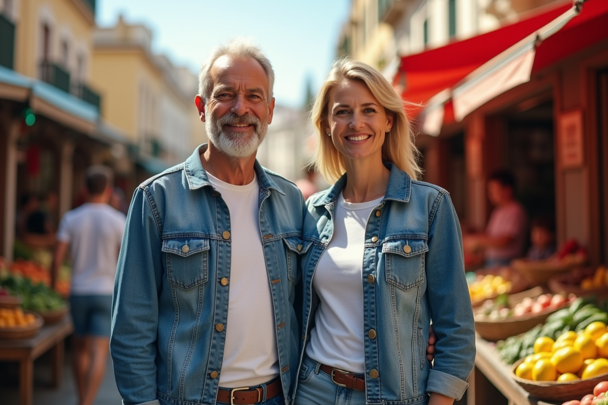 Un couple dans un marché en plein air portant des vêtements décontractés