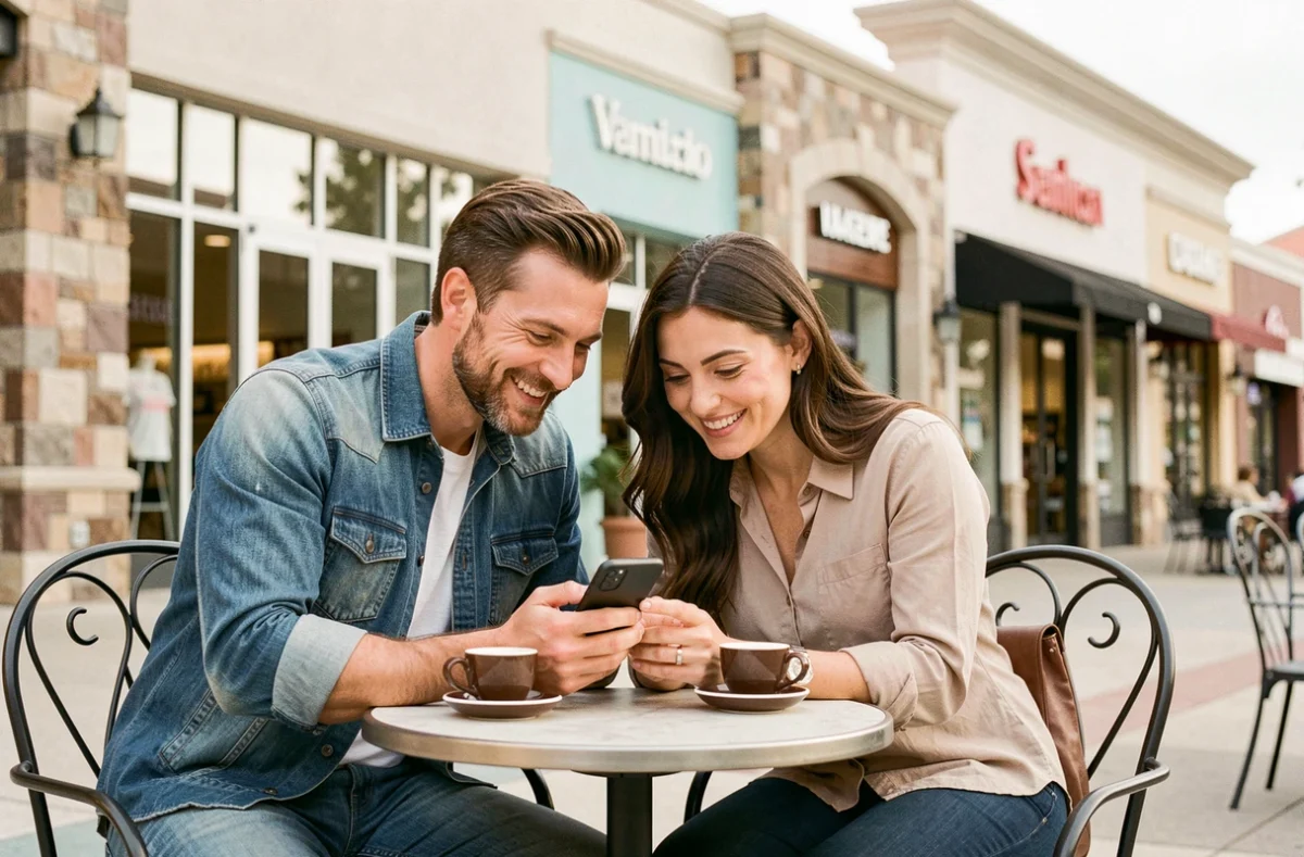 Couple planifiant leur parcours shopping à la terrasse d'un café dans un village de marques, consultant une liste de boutiques sur smartphone