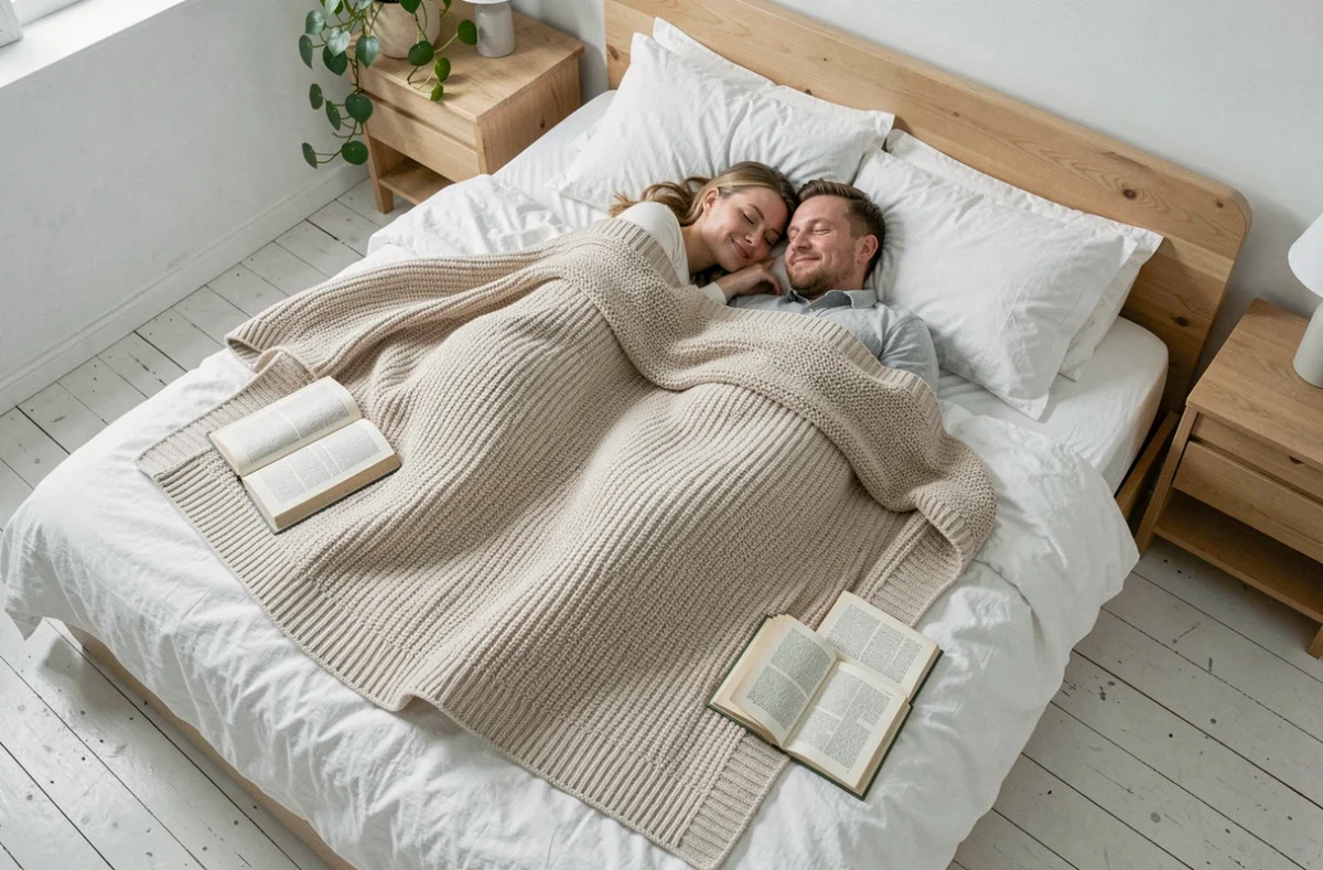 Couple allongé sous un pull oversize en guise de couverture dans une chambre scandinave minimaliste