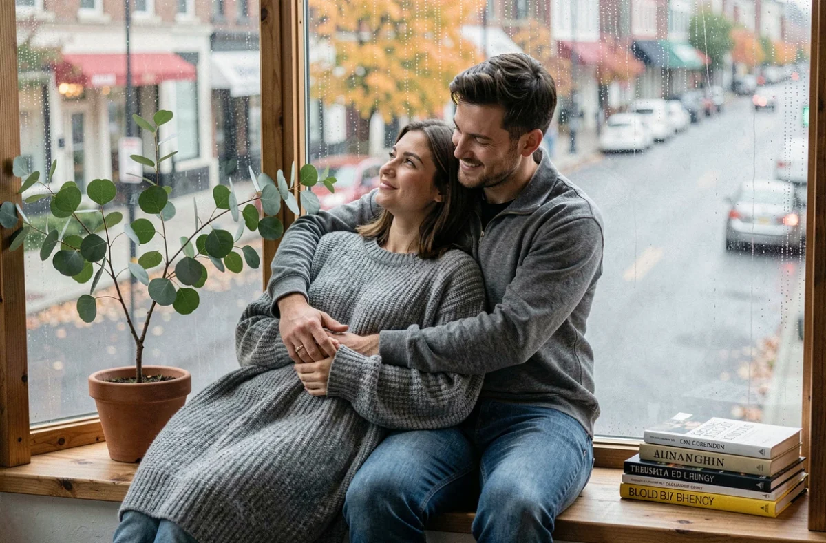 Couple enveloppé dans un pull oversize gris face à une fenêtre pluvieuse en automne