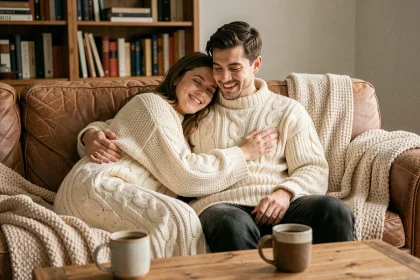 Jeune couple partageant un grand pull oversize en laine crème dans un salon cocooning chaleureux