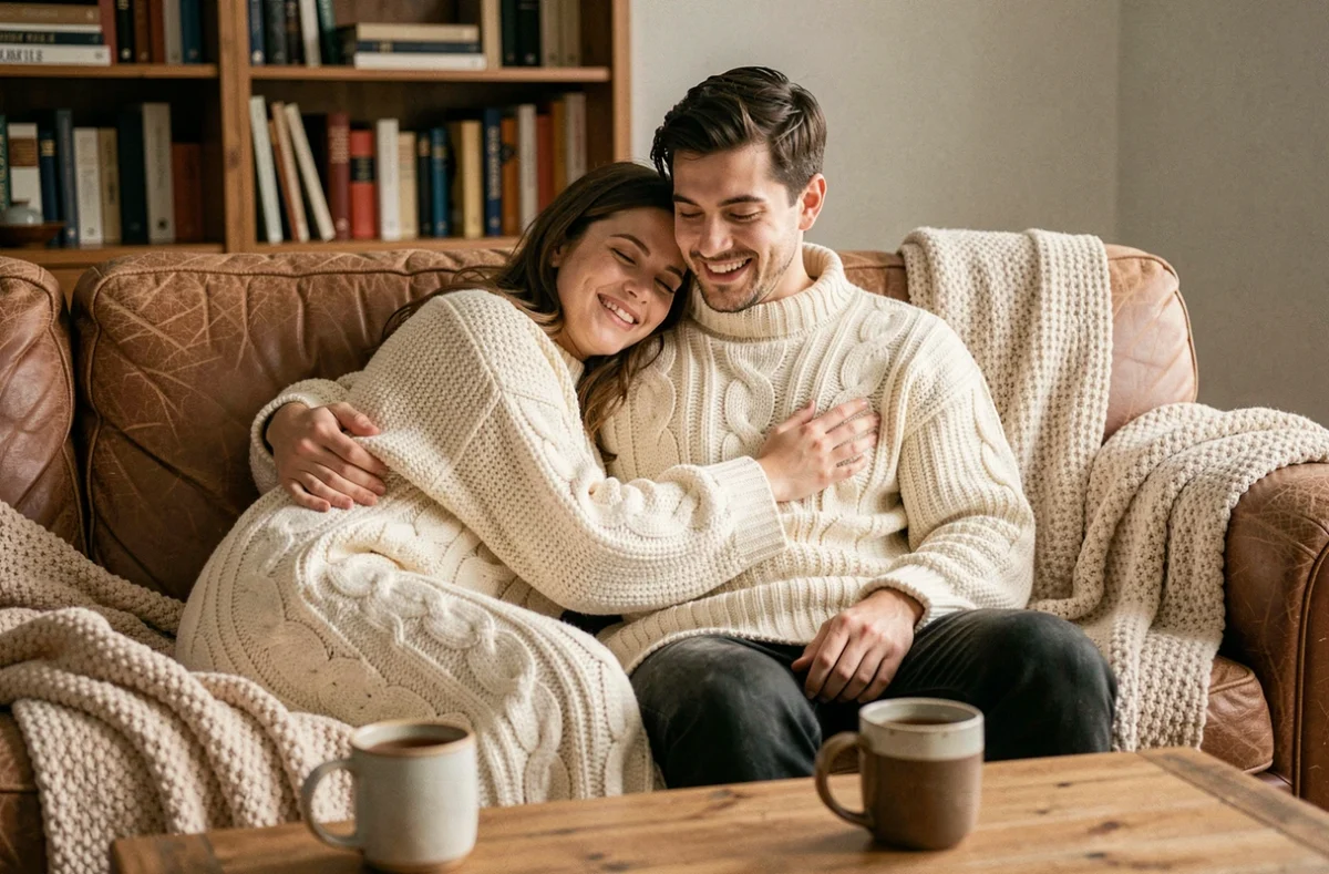 Jeune couple partageant un grand pull oversize en laine crème dans un salon cocooning chaleureux