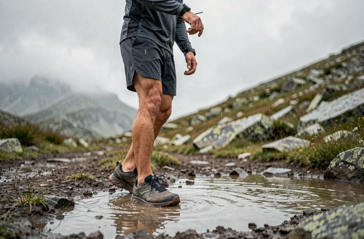 Coureur de trail masculin portant des Brooks Divide 5 au bord d'une flaque boueuse par temps nuageux en montagne