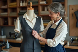 Couturière professionnelle épinglant l'ourlet d'une robe grise sur un mannequin dans un atelier de retouche parisien