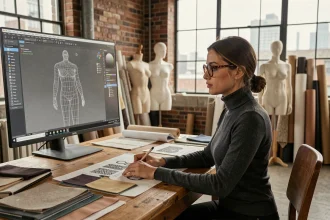 Créatrice de mode travaillant sur un logiciel de modélisme 3D CLO dans un studio de design contemporain