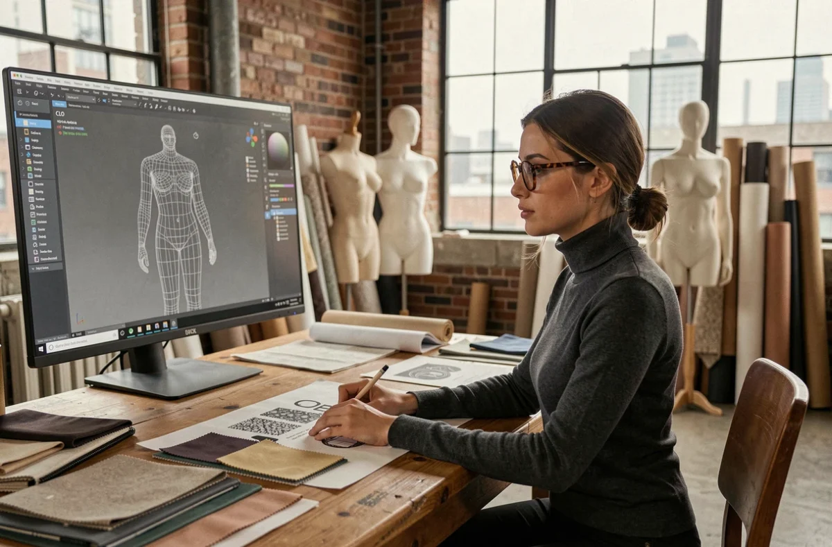 Créatrice de mode travaillant sur un logiciel de modélisme 3D CLO dans un studio de design contemporain
