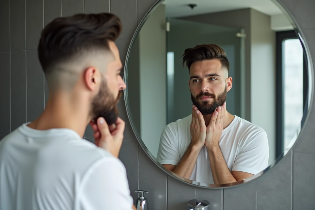 Homme avec dégradé espagnol et barbe définie inspectant l'alignement devant un miroir de salle de bain