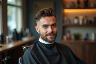 Homme en dégradé espagnol avec barbe bien alignée assis dans un fauteuil de barbier moderne