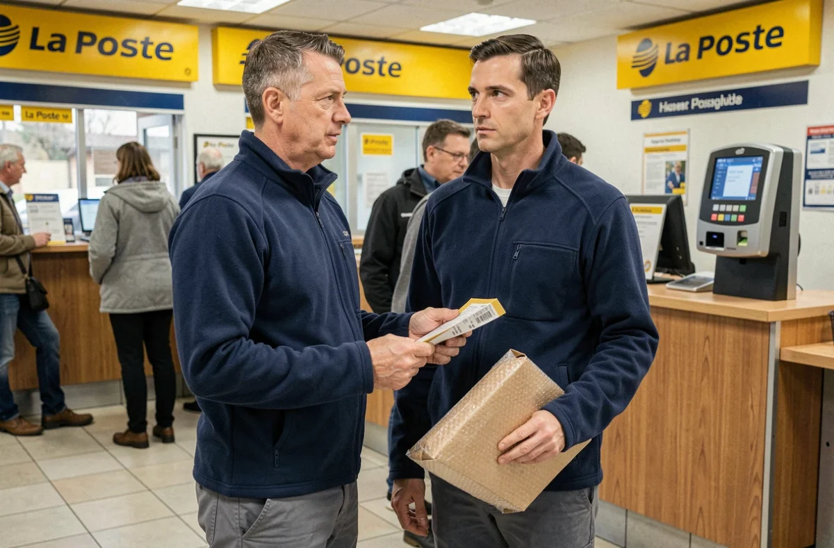 Homme déposant un colis à La Poste avec une étiquette prépayée Vinted à la main