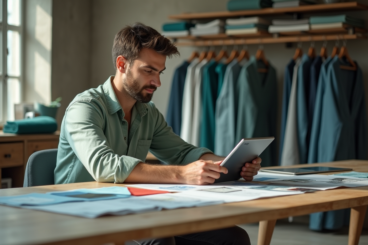 Designer homme dans atelier avec échantillons de tissus
