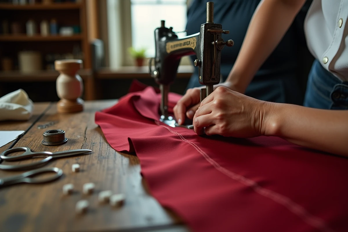 Gros plan sur les mains d'une couturière cousant une robe en soie rouge sur une machine à coudre dans un atelier de retouche à Nice