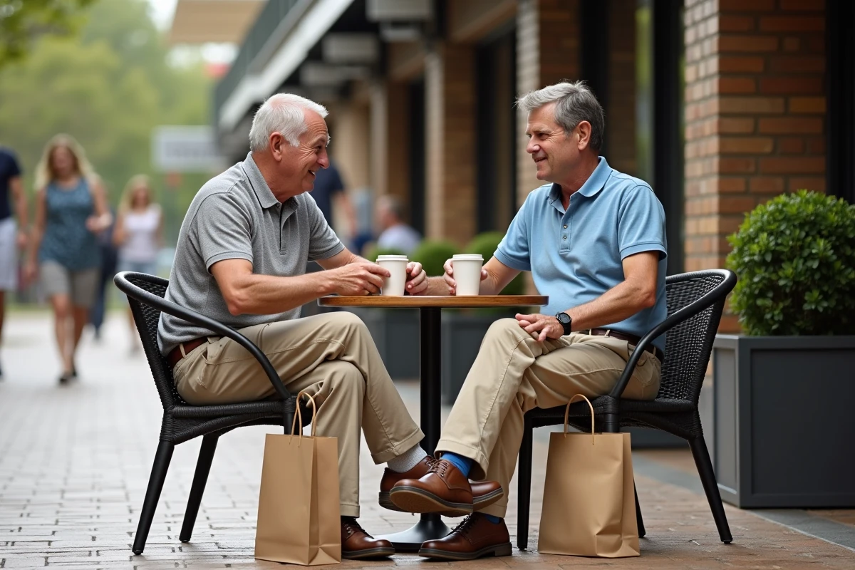 Deux hommes discutant au café extérieur de Macarthur Miramas