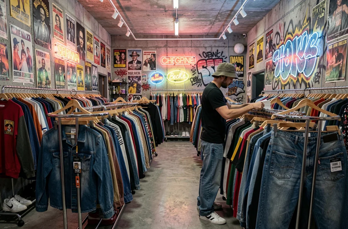 Intérieur immersif du digger.club à Marseille, friperie tendance avec décor street culture, murs en béton couverts d'affiches vintage et portants de vêtements