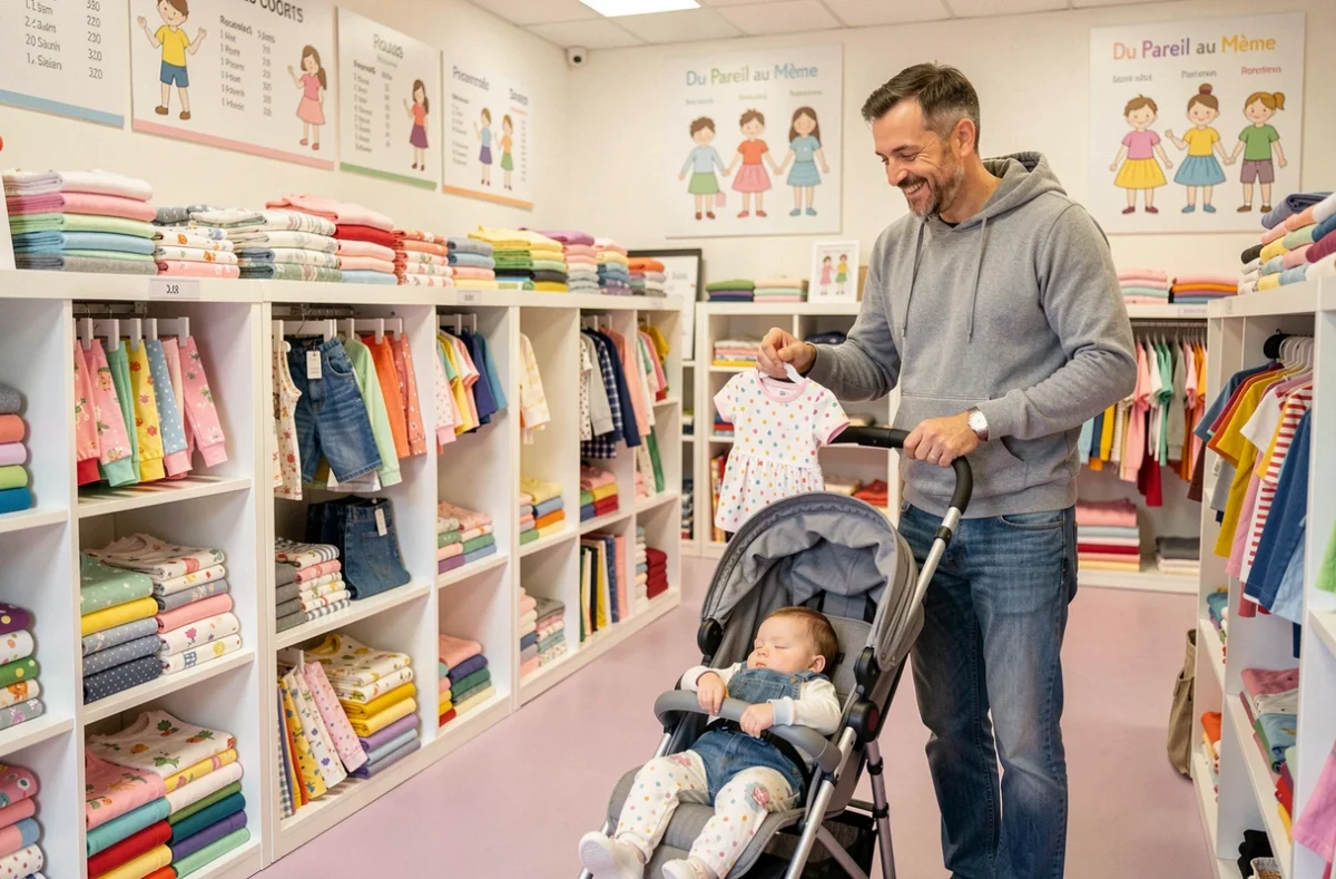 Intérieur pratique et coloré de Du Pareil au Même à Rouen, avec un père poussant une poussette qui examine une robe à pois parmi les rayons bien organisés de vêtements enfants abordables