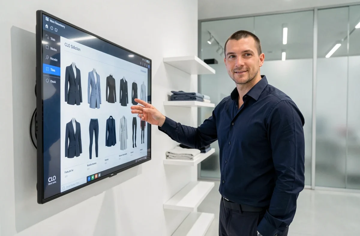 Entrepreneur en mode présentant une collection numérique sur CLO Store dans un showroom moderne