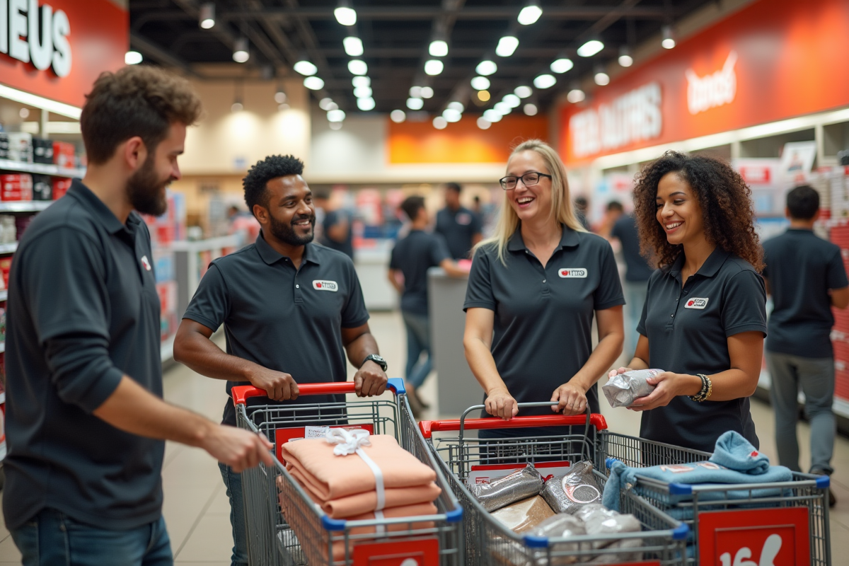 Equipe diversifiee de retail en train de réapprovisionner les rayons