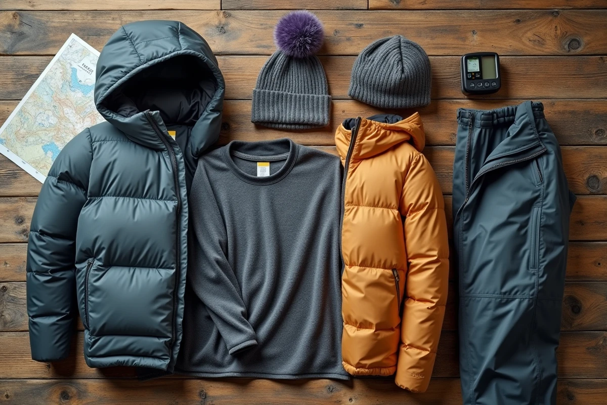 Ensemble de vêtements techniques de montagne disposés en flat lay sur une table de chalet alpin, présentant les matières innovantes et technologies privilégiées par les marques outdoor en 2026.