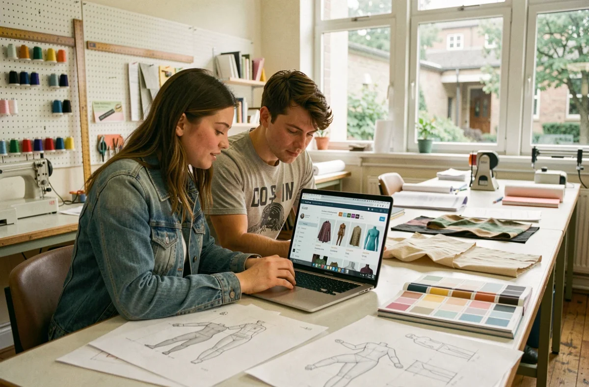 Étudiants en design de mode collaborant sur la marketplace CLO Store dans un atelier universitaire
