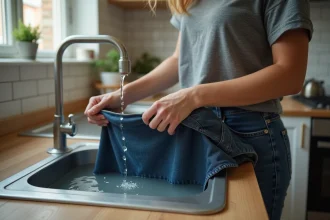 Femme faisant rétrécir la ceinture d'un jean en le trempant dans l'eau chaude à l'évier de cuisine