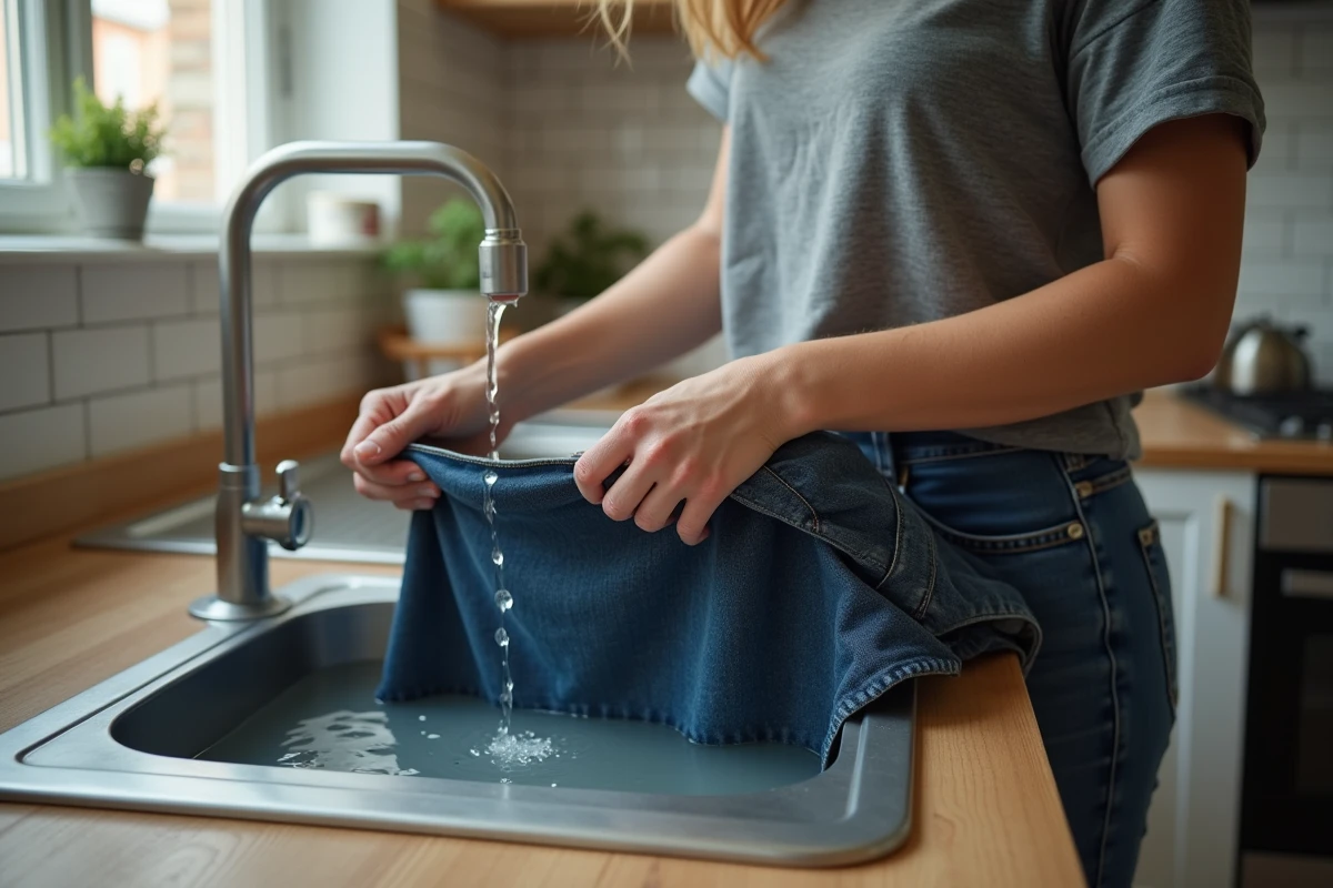 Femme faisant rétrécir la ceinture d'un jean en le trempant dans l'eau chaude à l'évier de cuisine