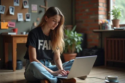 Jeune fan de Suki Waterhouse consultant le site fan sur un ordinateur portable dans un studio créatif décoratif
