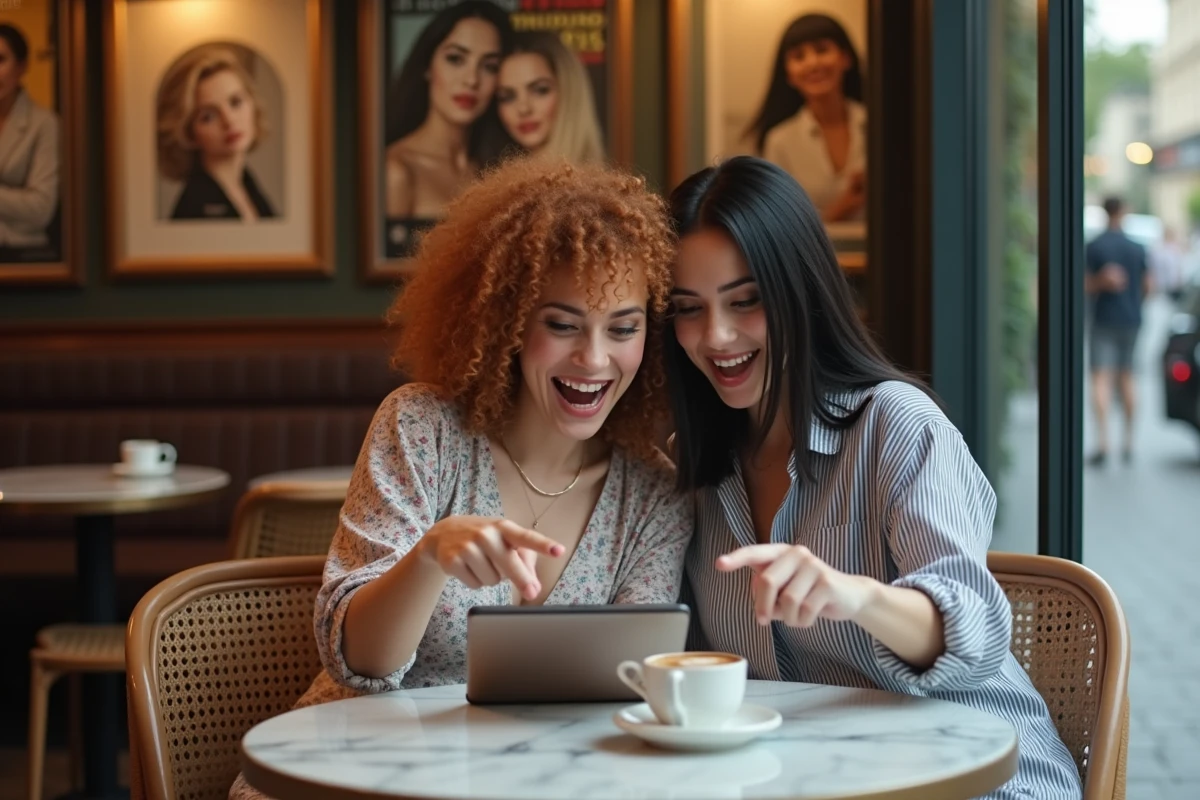 Deux fans de Suki Waterhouse partageant l'actualité du site fan sur une tablette dans un café parisien