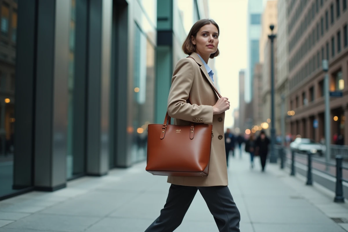 Femme active portant un sac cabas en cuir cognac structuré dans un quartier d'affaires moderne en 2026