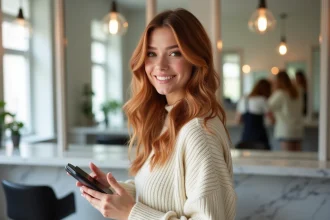 Jeune femme avec un balayage cuivré et des vagues volumineuses dans un salon de coiffure moderne, style hair-actuel tendance Instagram 2026