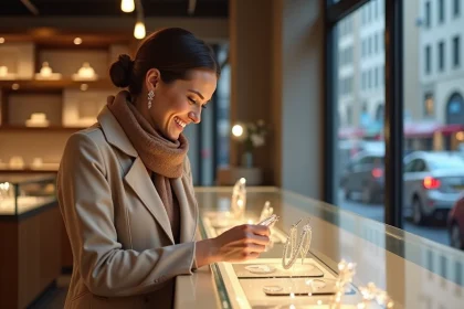 Femme souriante dans une boutique de bijoux &eacute;l&eacute;gants