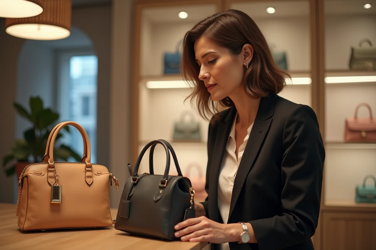 Femme compare deux sacs à main dans une boutique chic