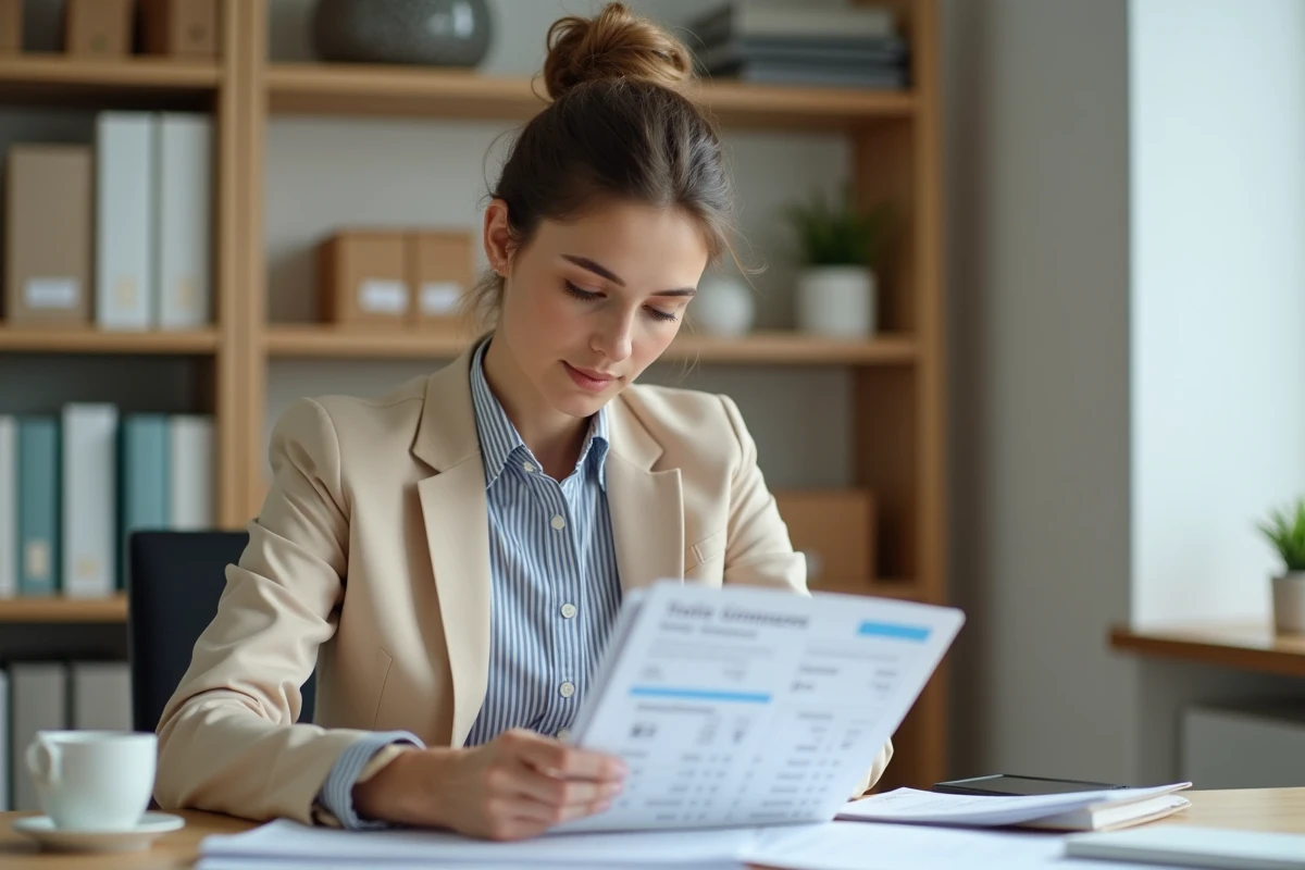 Jeune femme au bureau vérifiant des factures sur son ordinateur