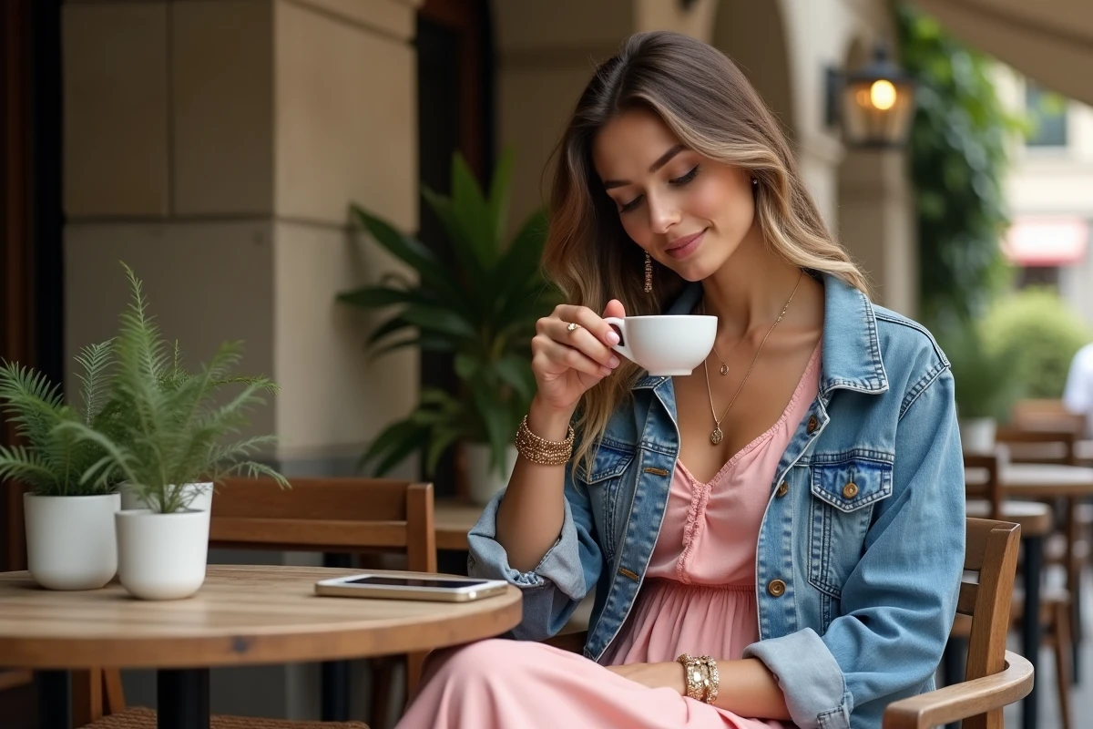 Femme en robe coton assise au café en terrasse