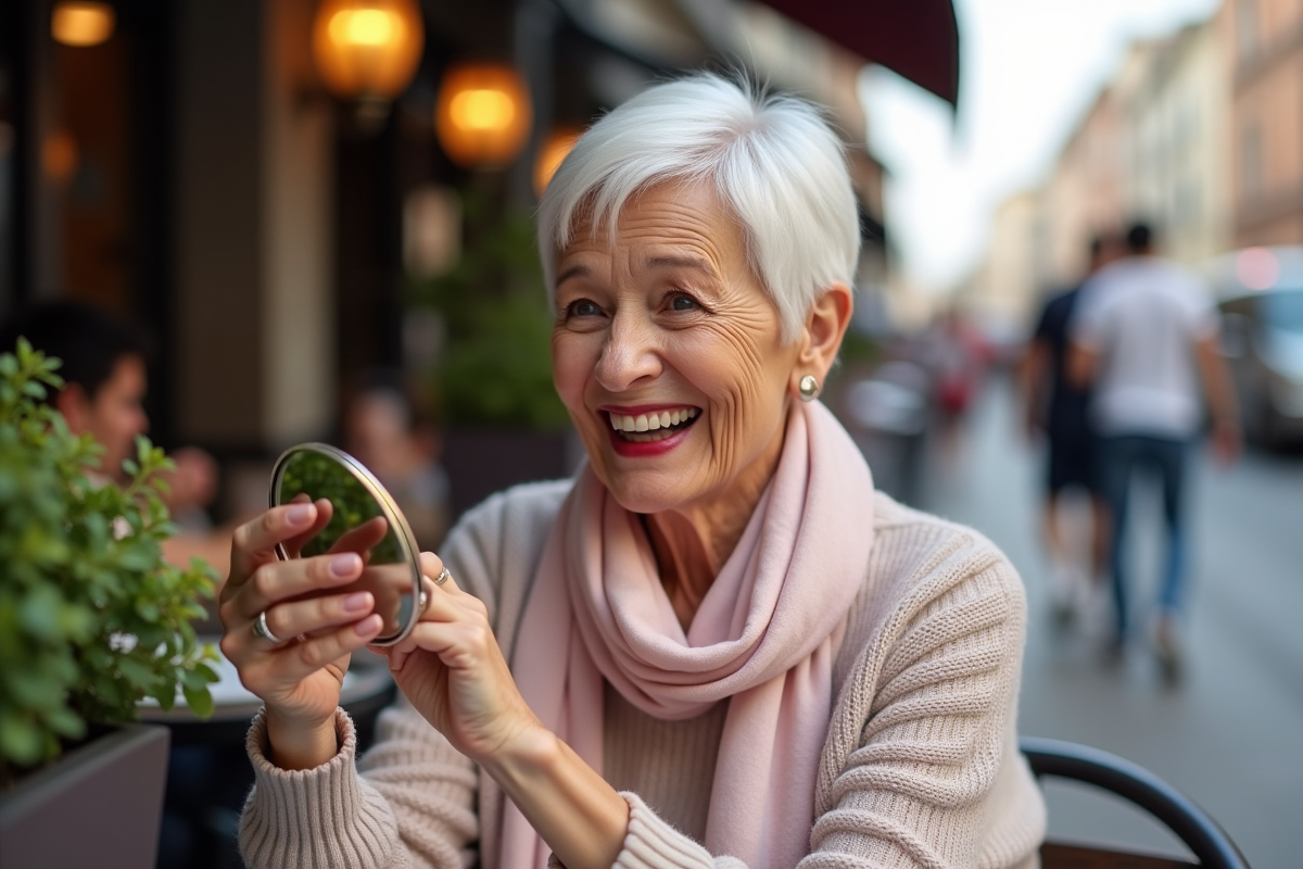 Femme de 70 ans souriante avec rouge à lèvres rouge dans un café en ville