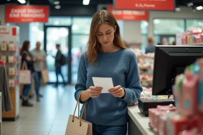 Femme décontractée vérifiant son reçu de caisse à Pas de la Case
