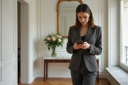 Femme &eacute;l&eacute;gante en blazer &agrave; Paris avec mobilier chic