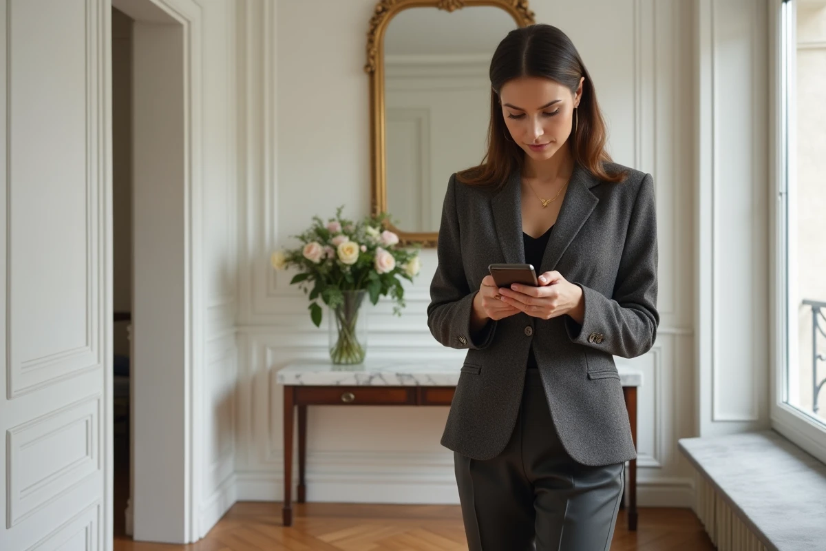 Femme élégante en blazer à Paris avec mobilier chic