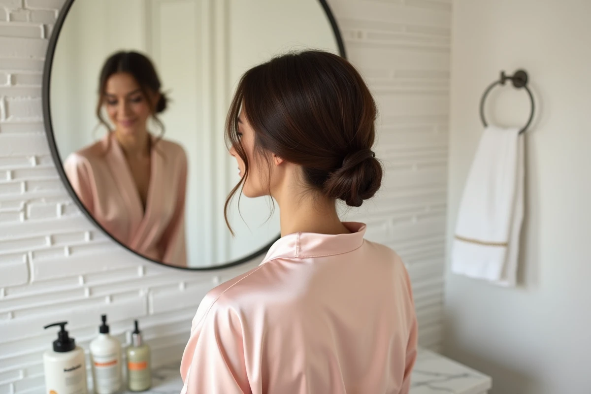 Femme de dos avec un chignon bas et une frange rideau brillante dans une salle de bain minimaliste, coiffure tendance hair-actuel sur Instagram