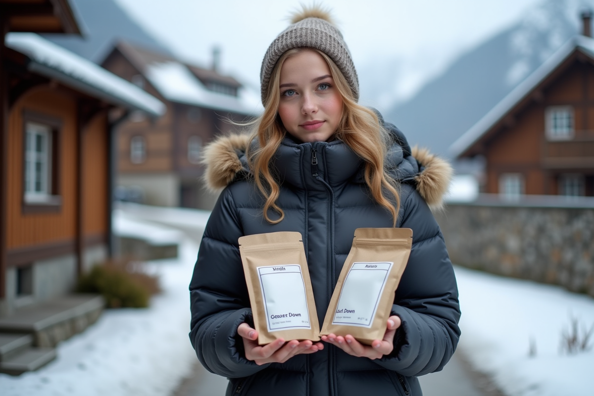 Jeune femme avec écharpe et sacs de duvet en montagne
