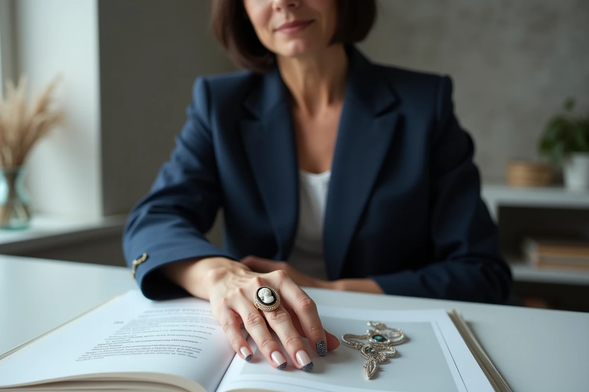 Femme élégante portant une bague camée au bureau, mêlant style moderne et bijou vintage