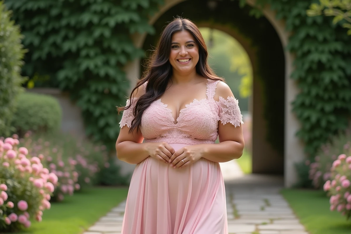 Femme confiante en robe rose dans un jardin fleuri