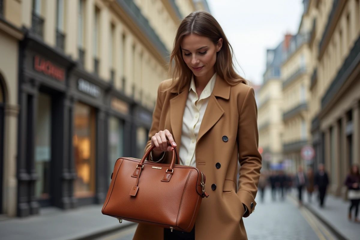 Femme élégante à Paris tenant un sac en cuir d'une maison de luxe française devant une façade haussmannienne