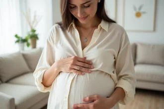 Femme enceinte tenant un bola de grossesse argenté contre son ventre arrondi, ambiance douce et naturelle