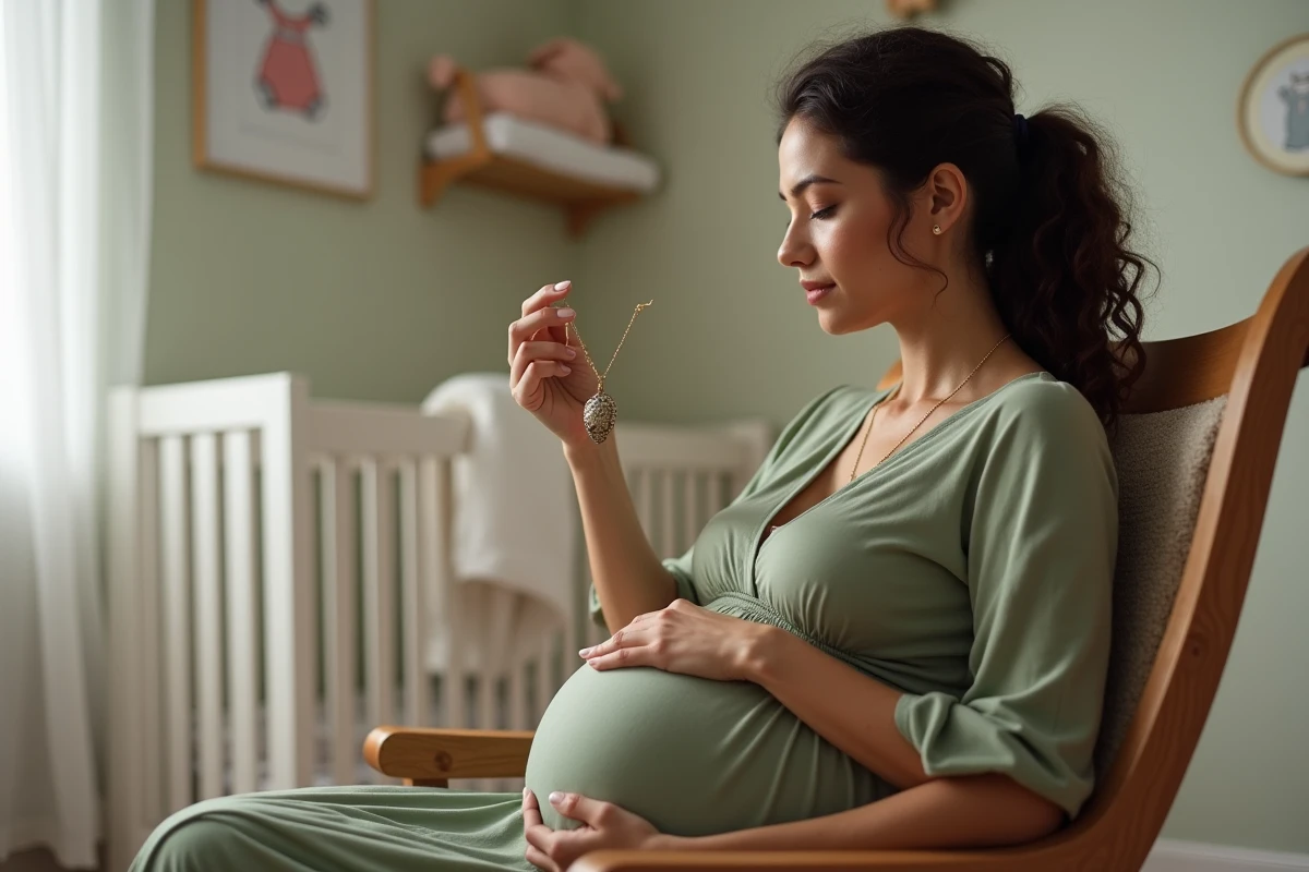 Femme enceinte en robe verte examinant attentivement un bola de grossesse dans une chambre de bébé