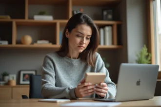 Femme examinant attentivement les mentions floues sur l'emballage d'un produit acheté en ligne