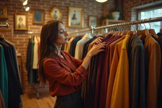 Femme parcourant un portant de vêtements vintage dans une friperie chic au décor chaleureux en bois et briques apparentes