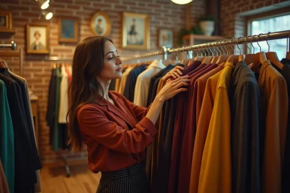 Femme parcourant un portant de vêtements vintage dans une friperie chic au décor chaleureux en bois et briques apparentes