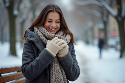Femme souriante en hiver avec manteau et écharpe dans un parc enneige